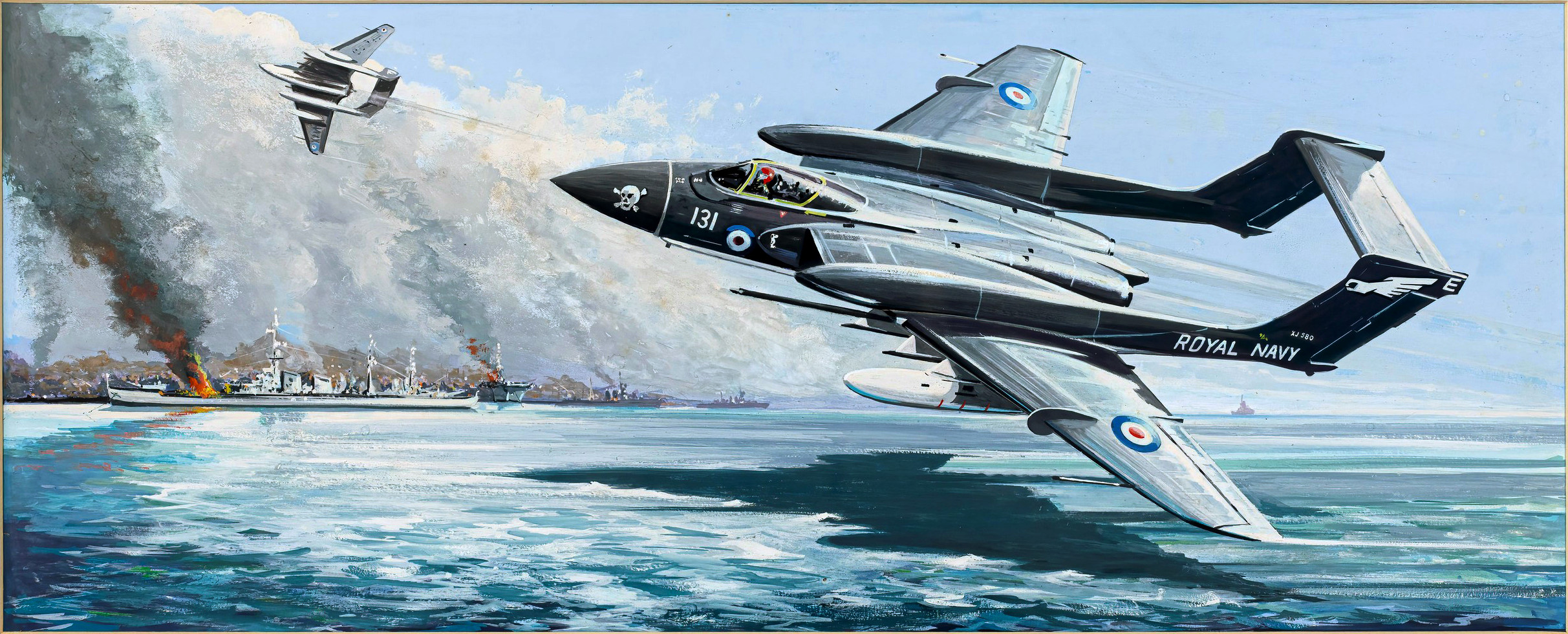 Box artwork for the FROG Hawker Siddeley Sea Vixen FAW.2 strike fighter model kit, c.1976. gouache, unsigned. 8 ¾ x 22in. (22.25 x 56cm)